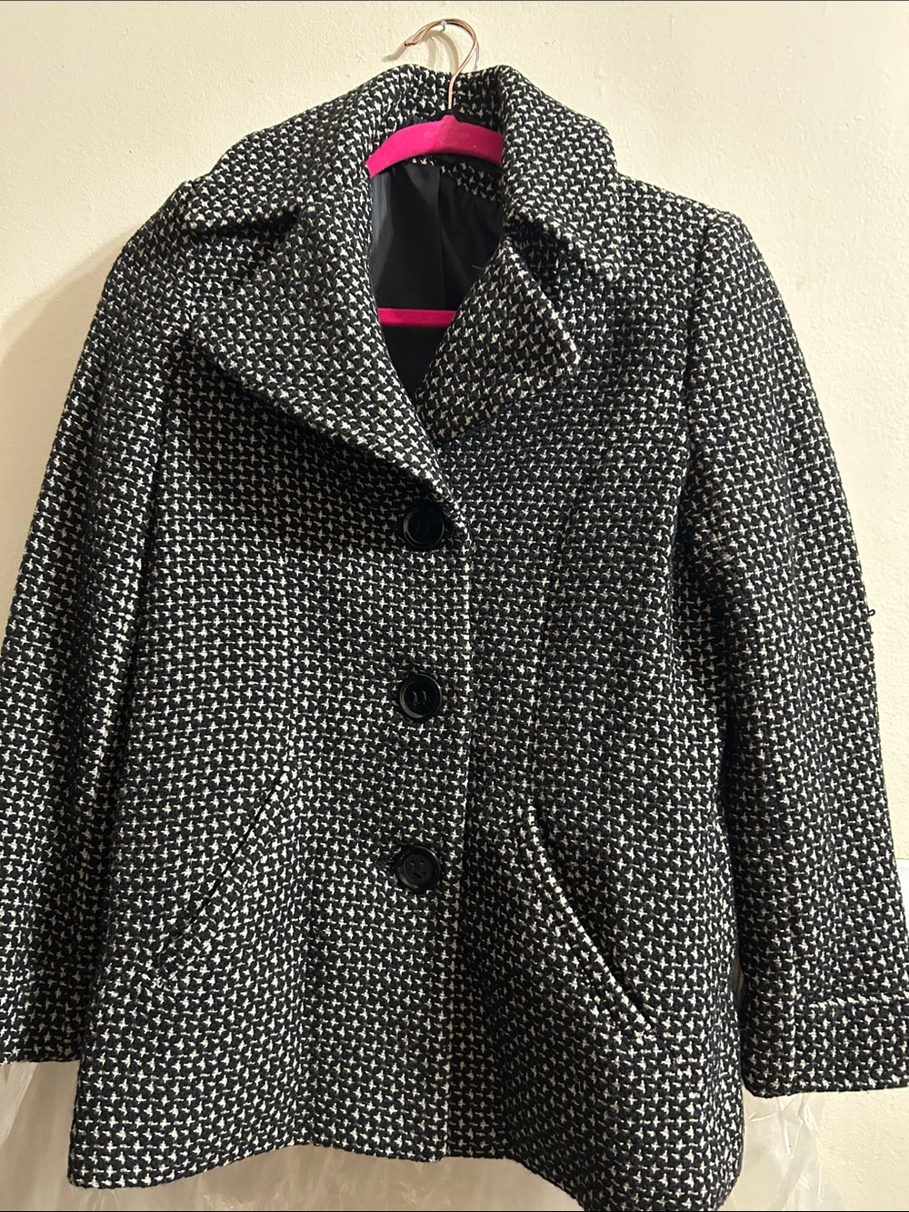 Via Spiga Black and White Textured Wool-Blend Peacoat